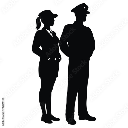 Silhouetted police officers, a man and a woman, stand facing forward wearing uniform and hats