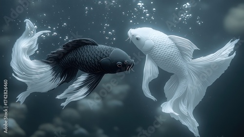 Two koi fish, black and white, graceful fins, underwater