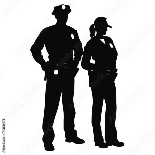 Silhouetted police officers, a man and a woman, stand facing forward wearing uniform and hats