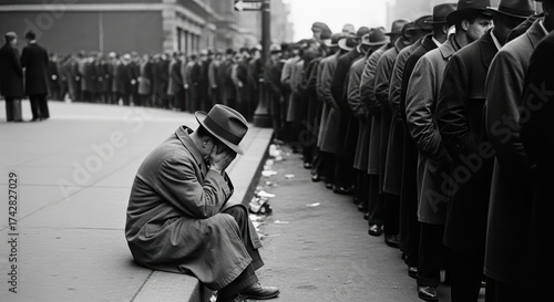 Portrait of despair during great depression breadline in 1930s urban america