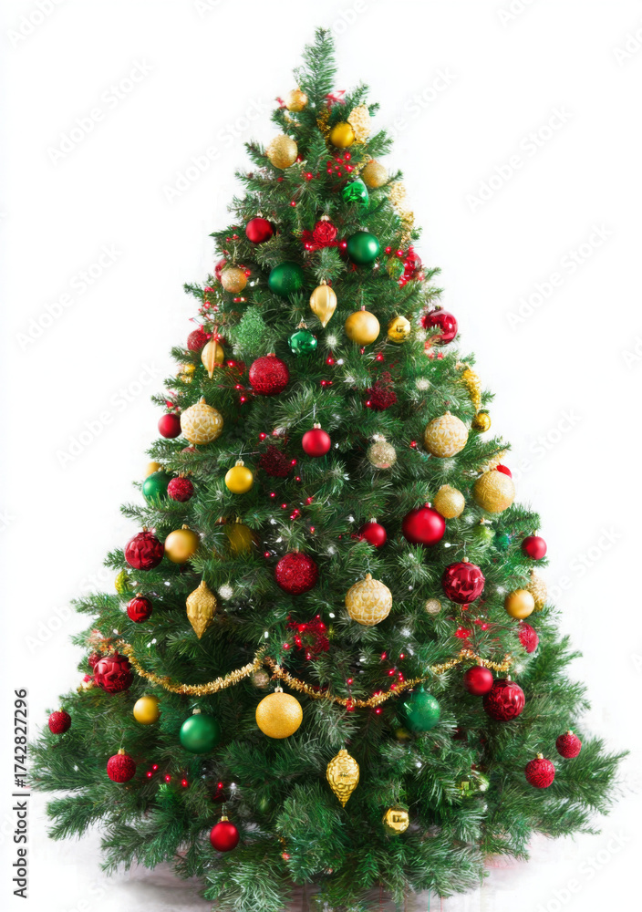 Fototapeta premium A beautifully decorated Christmas tree adorned with red, green, and gold ornaments, lights, and garland, standing tall against a white background.