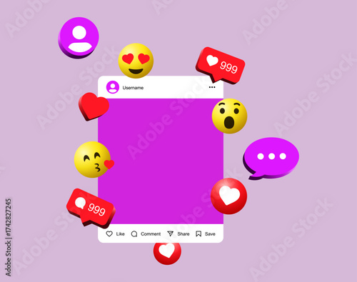 3D social media post frame with notification icons, floating emojis ( love emoji, kissing face, wow reaction ) and 3d like icon button, speech bubble 3d icon. for digital marketing concepts or mockups