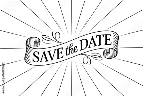 Vector art of save the date banner with sunburst, vintage vector illustration