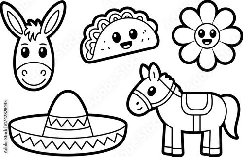 Vector art of cute cartoon set with donkey, horse, sombrero, taco and flower perfect for cinco de mayo celebration