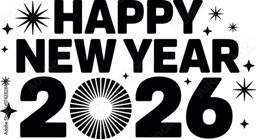 Vector art of happy new year 2026 typography design with stars and fireworks elements