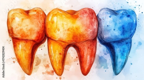 Watercolor teeth in orange, yellow, and blue hues