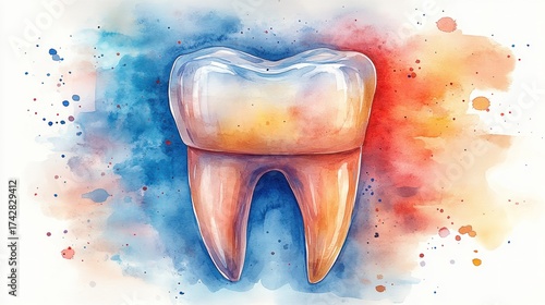 Watercolor tooth illustration with colorful background