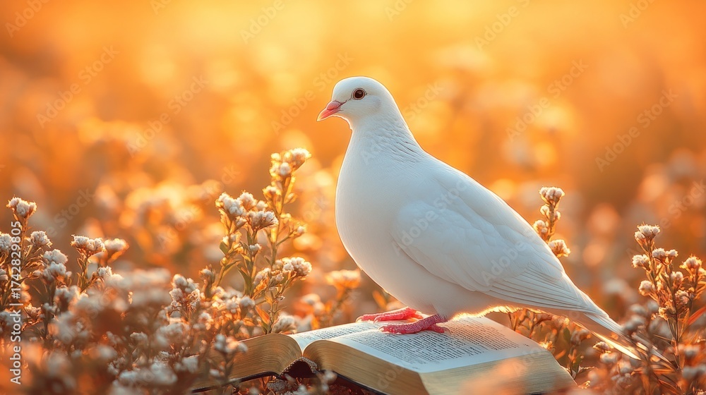 Fototapeta premium White dove on open book in golden field