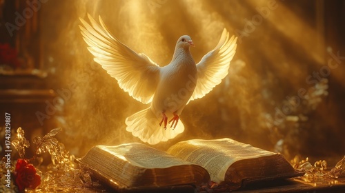 White dove, open bible, golden light
