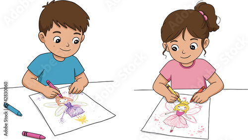 Children coloring fairy drawings, creative kids art activity, preschool imagination, colorful crayons, indoor playtime, magical wings, early childhood education