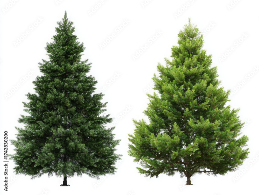Obraz premium Two evergreen trees, one darker and one lighter, stand side by side against a white background.