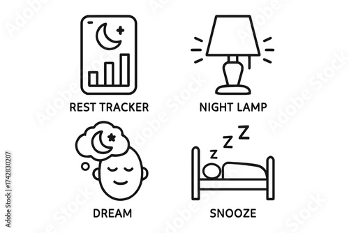 Sleep icons set featuring rest tracker, night lamp, dream, and snooze bed