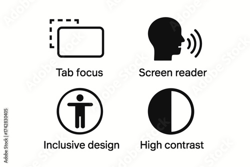 Accessibility symbols: tab focus, screen reader, inclusive design, high contrast