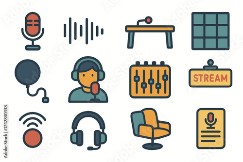 Podcast and streaming equipment icons: microphone, headphones, mixer, streaming sign, recording setup