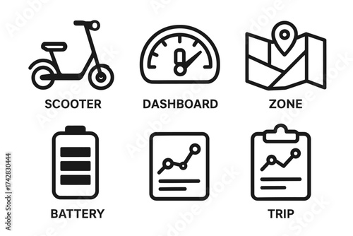 Electric scooter icons: dashboard, map, battery, and trip analytics symbols
