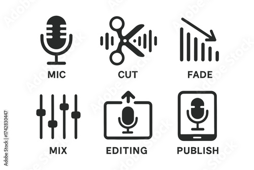 Audio editing icons set: microphone, scissors, fade, mix, editing, publish symbols