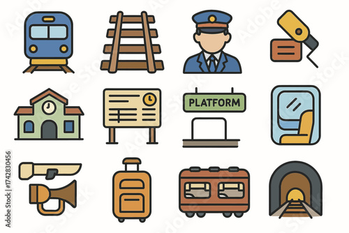 Vector icons of train transportation elements: train, conductor, tracks, ticket, platform