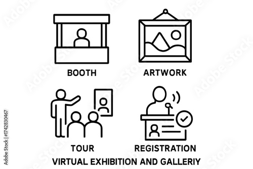 Icons representing virtual exhibition: booth, artwork, tour, registration