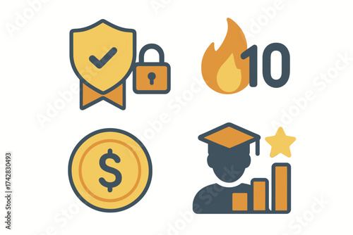 Security shield, fire rating, money coin, education growth icons