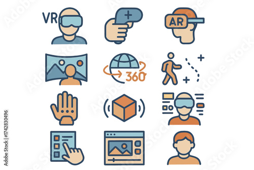 Cartoon icons of vr, ar, and 360° technology interactions