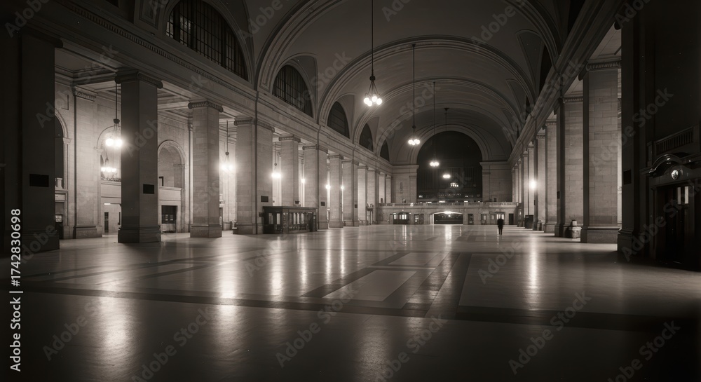 Fototapeta premium Historic empty train station interior with arched ceilings and tall columns at night