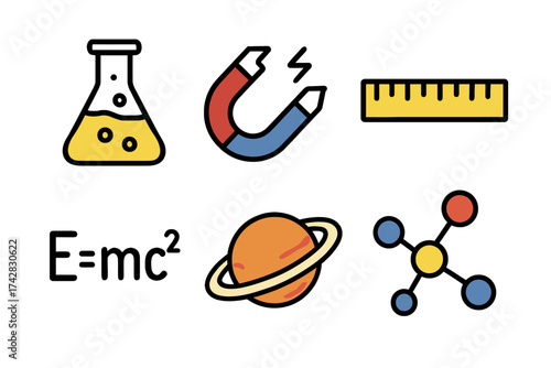 Science icons including beaker magnet ruler e=mc^2 planet molecule symbol