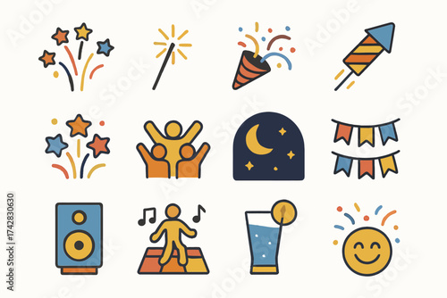 Colorful celebration icons featuring fireworks, music, and festive cheer