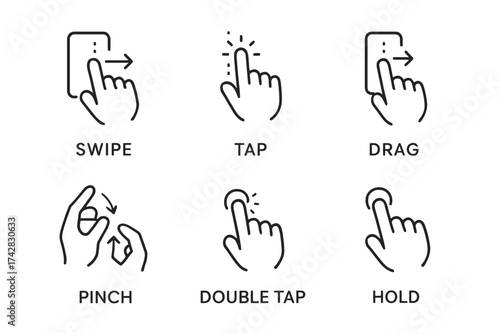 User interface gesture icons: swipe, tap, drag, pinch, double tap, hold