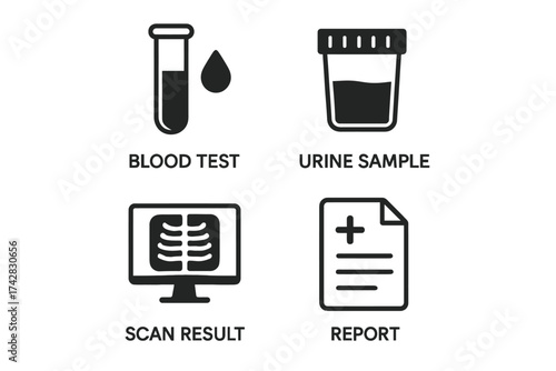 Medical icons illustrating blood test, urine sample, scan result, and report