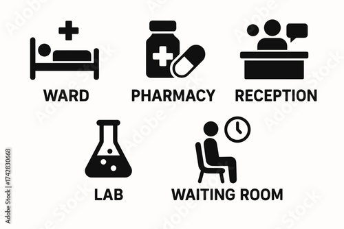 Hospital icons: ward, pharmacy, reception, lab, waiting room