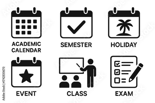 Icons illustrating academic calendar, semester, holiday, event, class, and exam