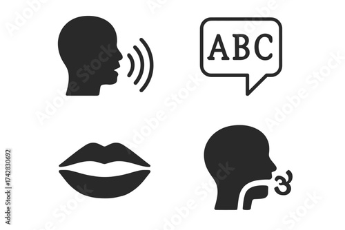 Speech and language icons: silhouette of speaking profiles and alphabet