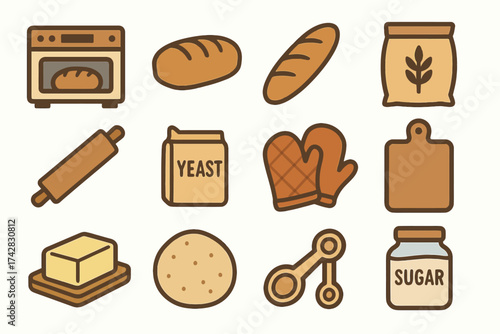 Illustrated baking icons featuring bread, oven, butter, and baking tools for kitchen enthusiasts