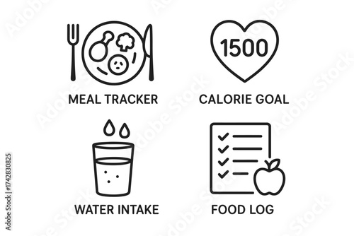 Meal tracking, calorie goals, water intake, and food log icons for healthy living