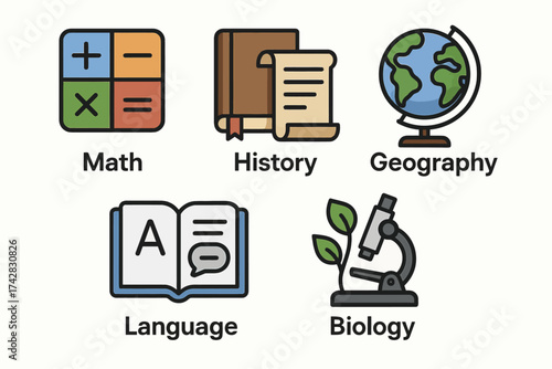 Educational icons: math, history, geography, language, biology symbols