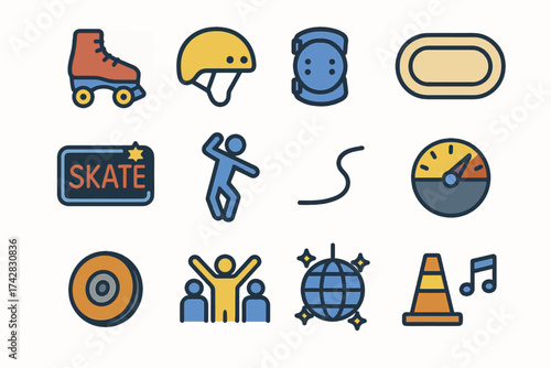 Colorful roller skating icons collection with helmets and disco elements