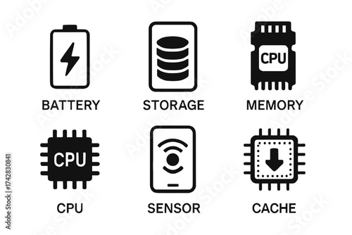 Battery storage memory cpu sensor cache icons set in black and white