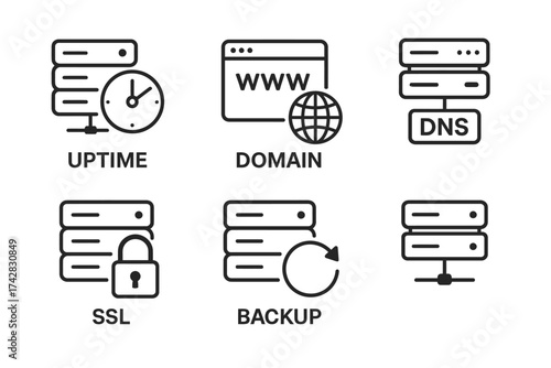 Essential web hosting icons: uptime, domain, dns, ssl, backup