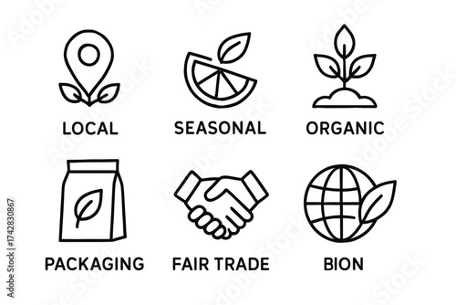 Eco icons: local, seasonal, organic, packaging, fair trade, bion symbols