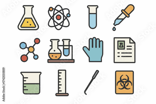 Colorful science lab icons: chemistry equipment and symbols collection