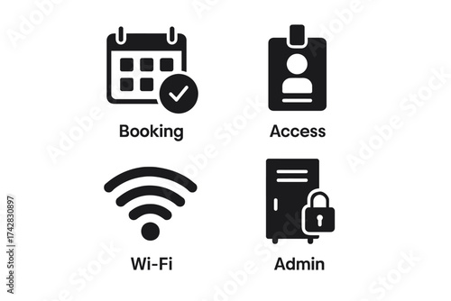 Set of symbols: booking calendar, access badge, wi-fi signal, admin lock