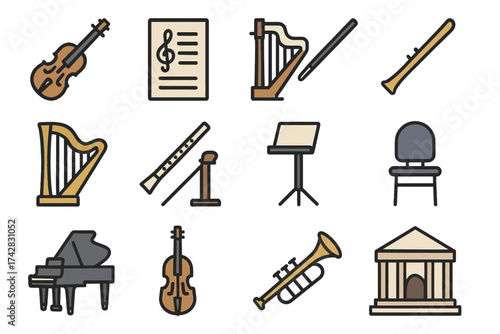 Musical instruments and accessories: violin, harp, oboe, trumpet, music stand, sheet music
