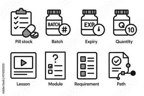 Medical inventory and learning icons: batch, expiry, quantity, lesson, module, requirement, path