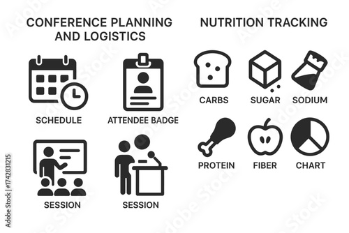 Conference planning and nutrition tracking icons: schedule, badge, carbs, protein, chart