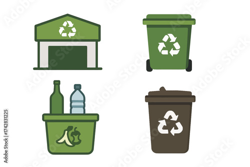 Recycling icons set: bins and containers with green and brown symbols