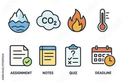Education and science icon set featuring climate, assignments, and deadlines