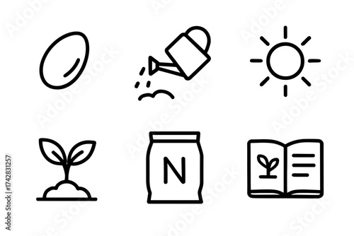 Line art icons of seed, watering can, sun, sprout, fertilizer, manual for gardening