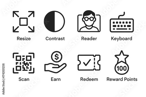 User interface icons: resize, contrast, reader, keyboard, scan, earn, redeem, reward points