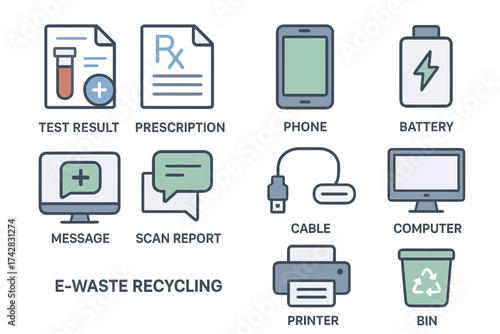 E-waste recycling icons: test result, prescription, phone, battery, message, scan, cable, computer, printer, bin