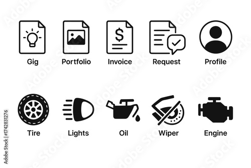 Business and automotive symbols: gig, invoice, profile, tire, lights, oil, wiper, engine icons
